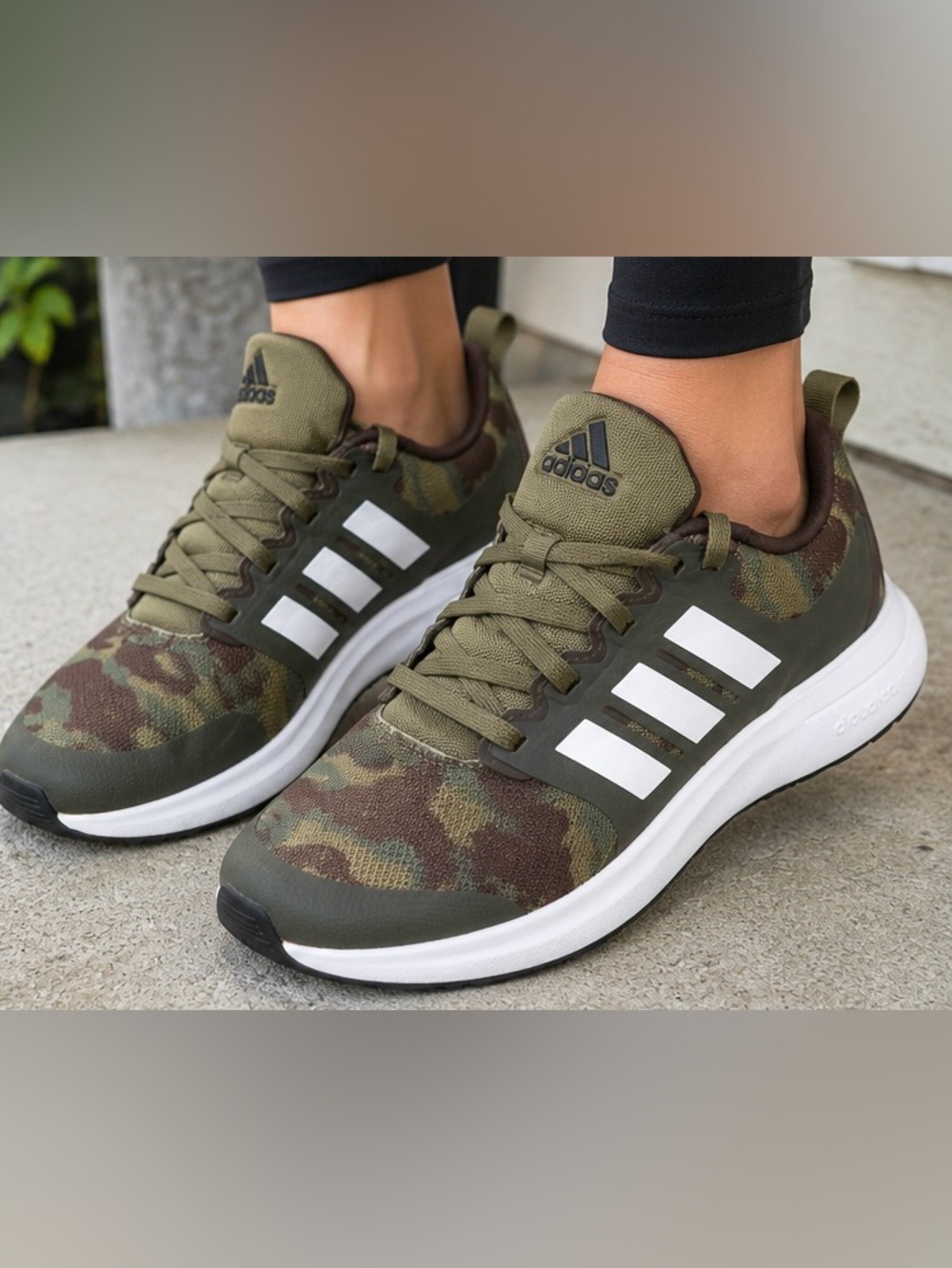 adidas Olive Green Camo Athletic Sneakers with White Stripes